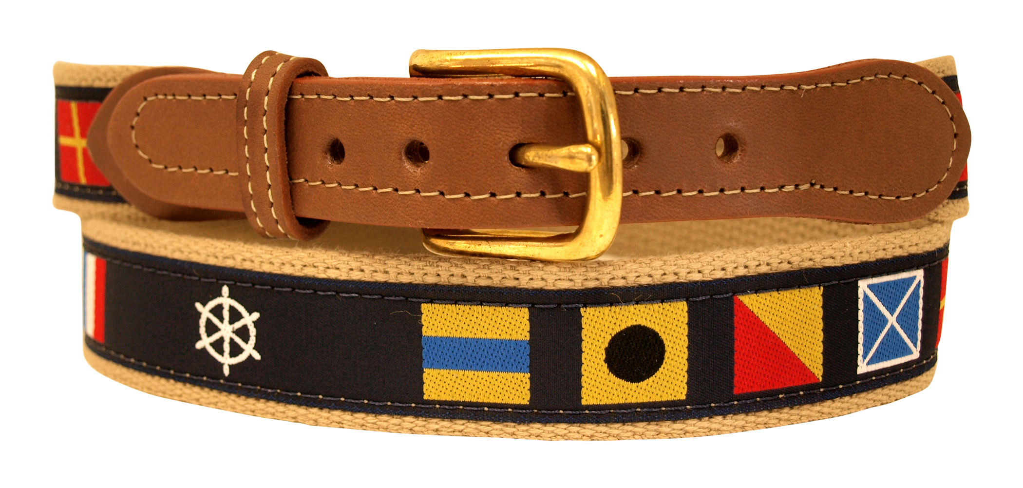 Code Flag and Ships Wheel on Khaki Leather Tip Belt - Click Image to Close