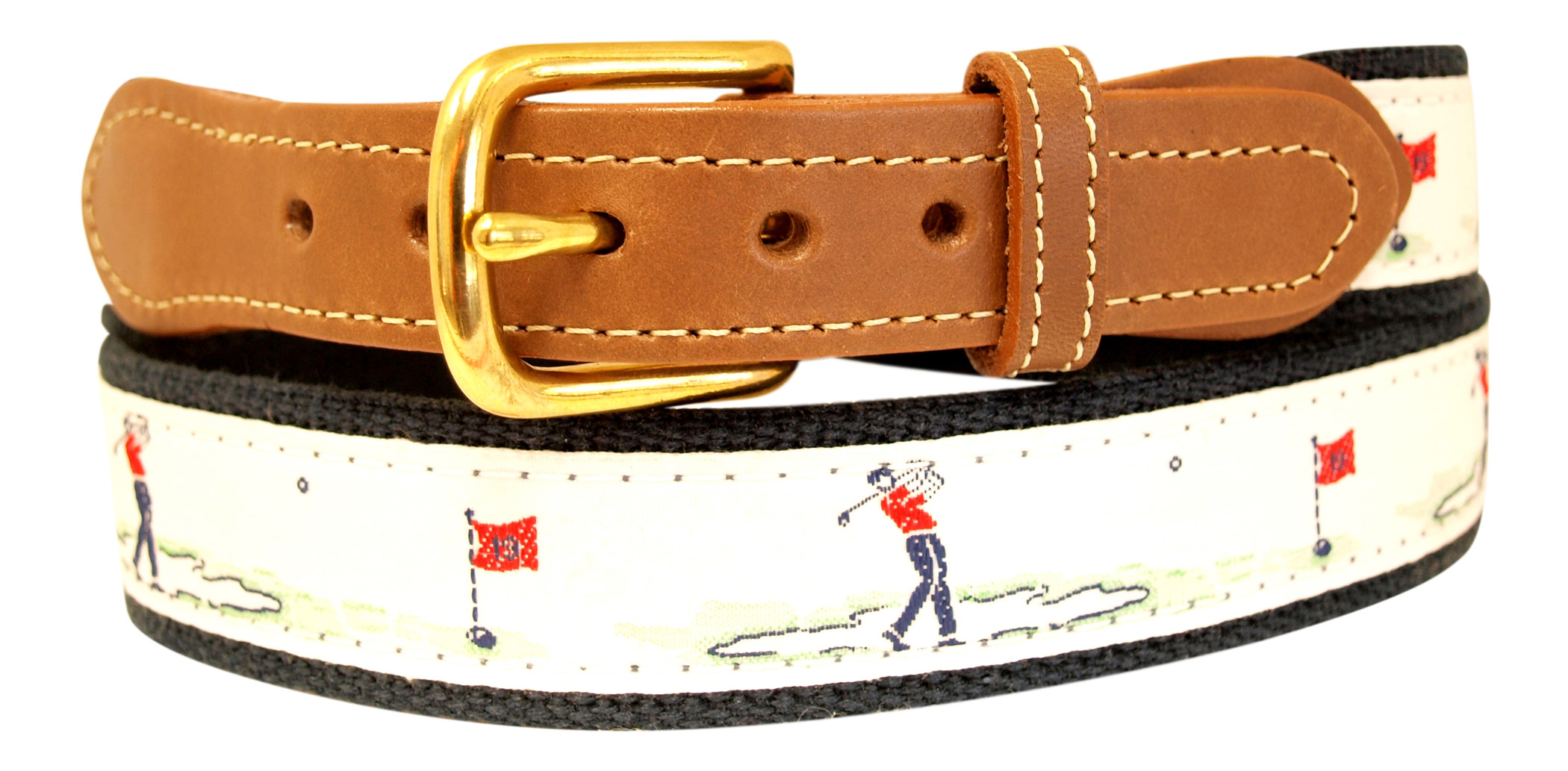 Golfer Belt, White Embroidered Ribbon on Navy Webbing