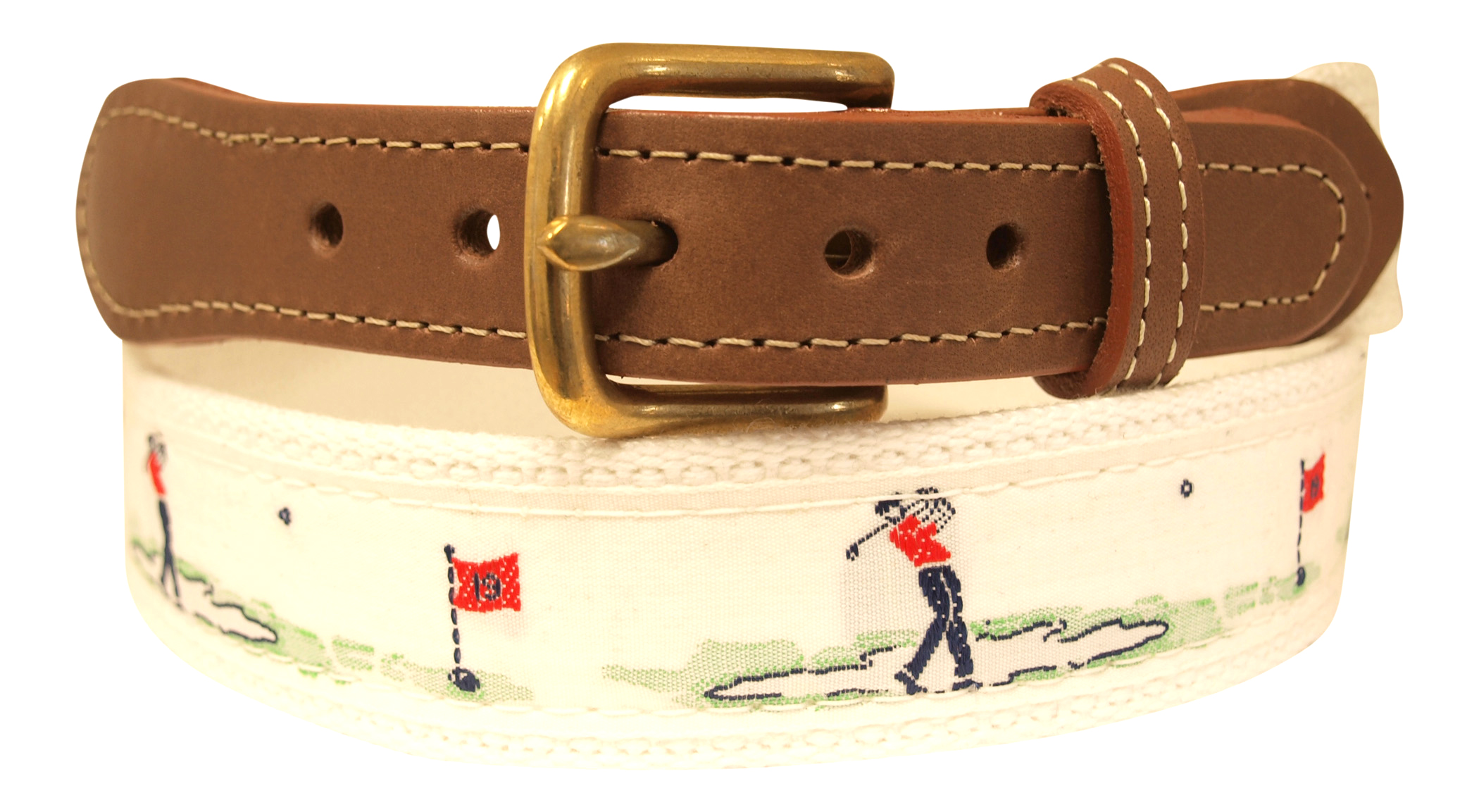 Golfer Belt, White Embroidered Ribbon on White Webbing